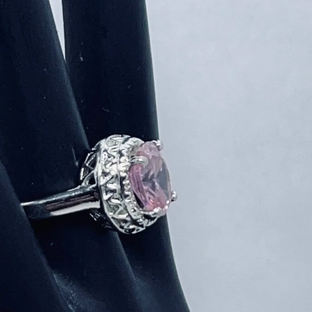 Silver Tone With Pink Glass Rhinestone Statement Ring (R367) - Picture 3 of 6